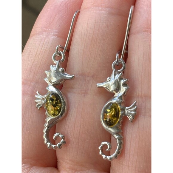 925 sterling silver amber seahorse Earrings - Picture 2 of 7